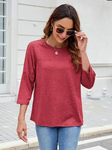 Vista 89 de ZENNILO Camisetas casuales de manga 3/4 para mujer, holgadas, cuello redondo, lindas camisetas básicas