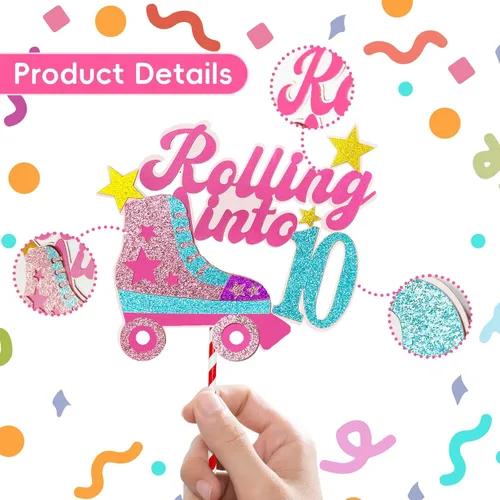 Vista 5 de Decoración para tartas con temática de décimo cumpleaños de 10 años, decoración de cumpleaños de 10 años para niñas, patinaje sobre ruedas, fiesta