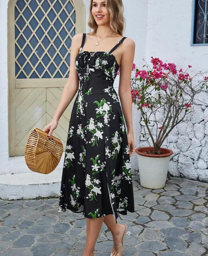 Vista 4 de Vestido midi floral con corsé, bohemio, con abertura fluida, con cordones, para mujer, para salir, acampanado, vestido casual