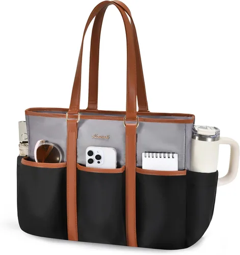 Vista 22 de LOVEVOOK bolso tote vintage para laptop para mujer, Beige-Negro, 15,6 pulg., Moda