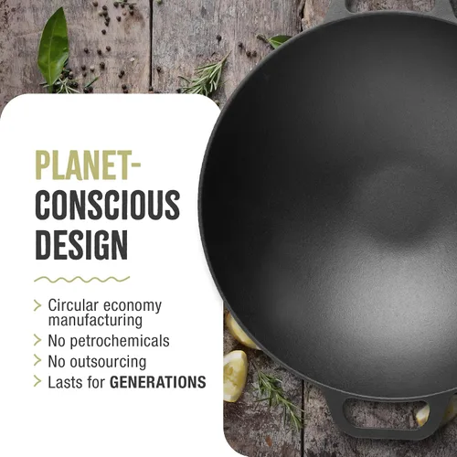 Vista 5 de Victoria Wok de hierro fundido con asas de bucle, fabricado en Colombia, 14 pulgadas