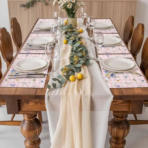 Vista 9 de Juego de 4 manteles individuales de Pascua con diseño de conejo, tela de arpillera tejida lavable para mesa de comedor cuadrada, rectangular