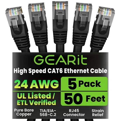 Vista 26 de GEARit Cables de conexión Cat6 de 1 pie negro (paquete de 5) Cables de conexión Cat 6 de 1 pie, cable de conexión negro/Ethernet, 10Gbps 550MHz