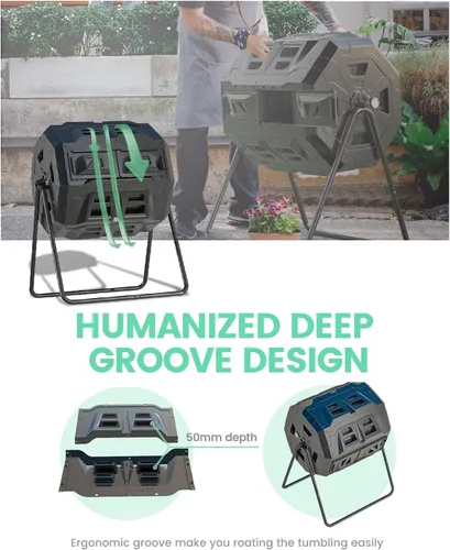 Vista 4 de Compostador giratorio mejorado 2021 con termómetro de compost - Contenedor de compost de jardín de cámara doble (43 galones, negro)