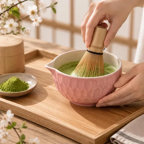 Vista 2 de Cuenco de Matcha con canalón, Chawan de cerámica de estilo japonés para Rosa