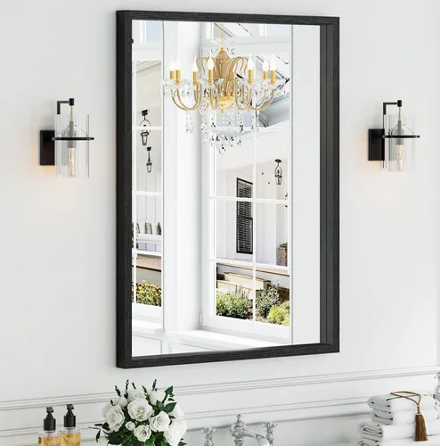 Vista 11 de Syndra Espejo de baño con marco de madera negra, 22 x 30 pulgadas, moderno espejo de tocador para pared, marco delgado y profundo impermeable Negro