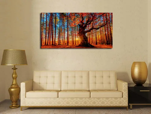 Vista 3 de Arte de pared de bosque grande, bosque y puesta de sol, lienzo, cuadros de hojas rojas, paisaje, lienzo, obra de arte contemporánea de naturaleza