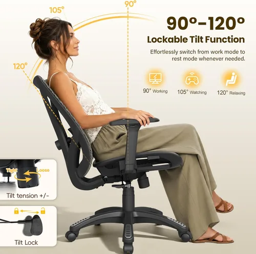 Vista 7 de Silla de oficina ergonómica, sillas de escritorio de malla para computadora con certificación BIFMA X5.1, soporte lumbar ajustable, brazo 3D