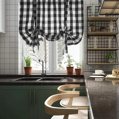 Vista 2 de vctops Cortinas entramadas de Navidad en negro y blanco estilo búfalo con función de amarras, estilo granja, térmicas, aislantes, para ventanas