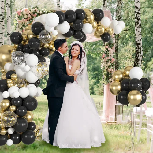 Vista 3 de Kit de arco de globos negros dorados de 137 piezas - Globos de confeti de 18/12/10/5 pulgadas dorados, blancos y negros para decoraciones de fiestas