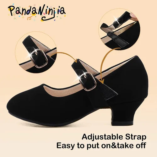 Vista 3 de PANDANINJIA Zapatos de vestir para niñas, zapatos Mary Jane para niñas, tacones bajos para niñas pequeñas, flores, boda, fiesta, escuela