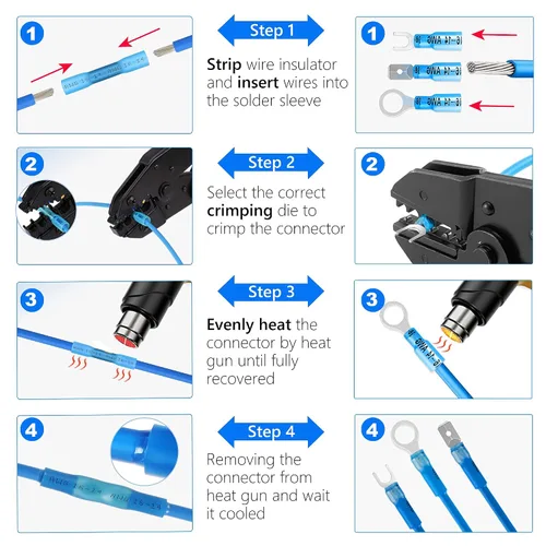 Vista 6 de Kuject 90 piezas conectores de alambre termorretráctiles, kit de terminales de cable eléctrico impermeables multiusos, conectores de crimpado