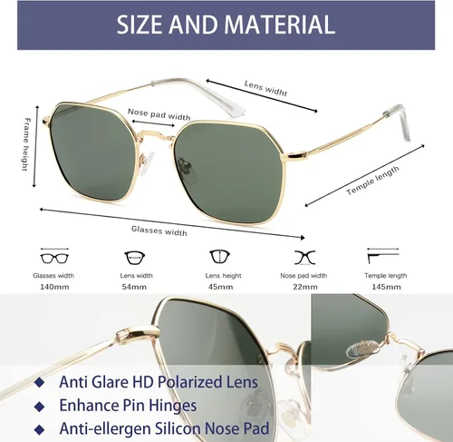 Vista 5 de VIVIENFANG Gafas de sol cuadradas hexagonales polarizadas para mujeres y hombres, moderno 2023 con polígono geométrico dorado con borde de metal