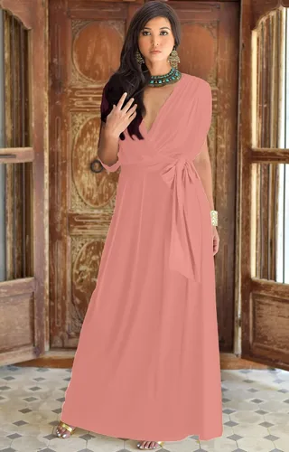 Vista 4 de KOH KOH Vestido largo semiformal de manga corta con cuello en V para mujer