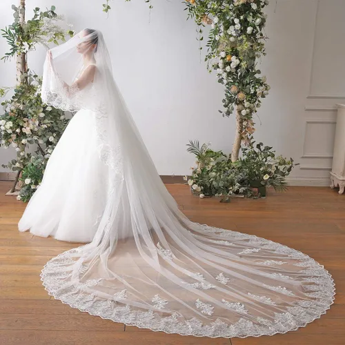 Vista 2 de ElieHouse 2 Tier Cathedral Length Sequin Lace Wedding Bridal Veil With Metal Comb