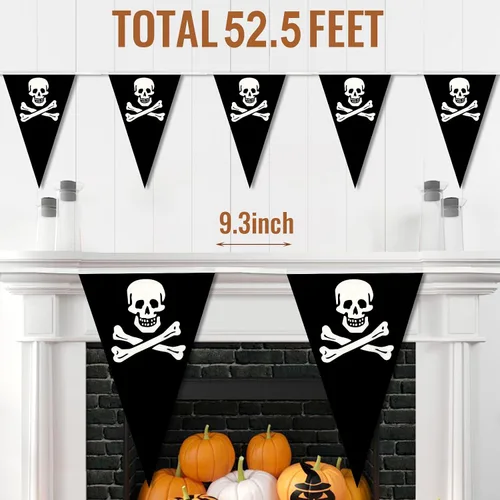 Vista 2 de MARFOREVER Cartel de pirata de 52.5 pies, decoraciones de fiesta pirata, pancarta de cumpleaños de Halloween, guirnalda triangular, banderines