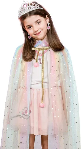Vista 2 de Fedio Juego de capa de princesa, 7 piezas, capa de princesa con corona de tiara, varita para niñas pequeñas (arcoíris)