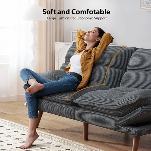 Vista 5 de Pipishell Sofá cama futón, futón convertible con respaldo ajustable y reposabrazos, sofá cama de pana para espacios pequeños, sala de estar, Gris