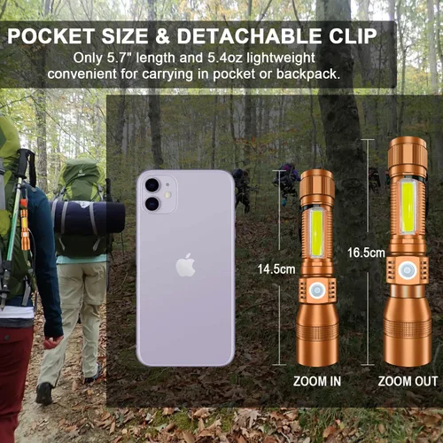 Vista 4 de Linterna UV Luz Negra, linterna recargable USB con base magnética - Luz brillante, luz lateral, 7 modos, zoom, impermeable – Antorcha LED para Marrón