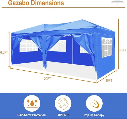 Vista 6 de 10x20 Azul Carpa Plegable para Exterior con 6 Paredes Laterales, Carpa para Bodas y Fiestas al Aire Libre Resistente al Agua para Fiestas UV50