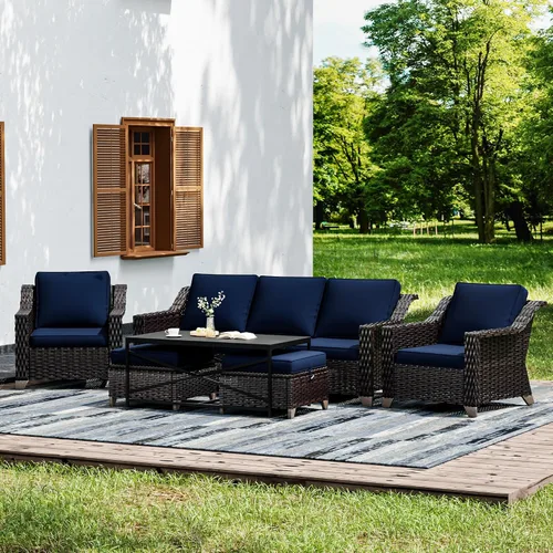 Vista 14 de Joyside Juego de 2 sillas de mimbre para patio, muebles de ratán para exteriores con reposabrazos anchos y cojines gruesos, tamaño grande mejorado