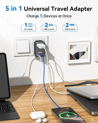 Vista 4 de DOACE Adaptador de viaje Pico de 20 W, adaptador de corriente universal de 5 puertos, 1 CA, 2 USB C y 2 USB-A, adaptador de enchufe internacional