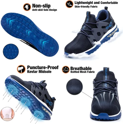 Vista 4 de Kezhiho Zapatos de punta de acero para hombres y mujeres, zapatos de trabajo ligeros con amortiguación de aire, cómodos, transpirables, a prueba