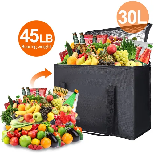 Vista 4 de Bolsa térmica, suave y aislada, bolsa de alimentos plegable para entrega de alimentos, portátil, color negro, paquete de 4, tamaño L Soft Cooler