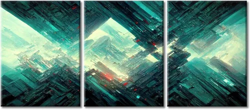Vista 40 de Arte de pared de 3 piezas de escena de ciencia ficción de la calle comercial futurista paisaje urbano, decoración de pared para dormitorio