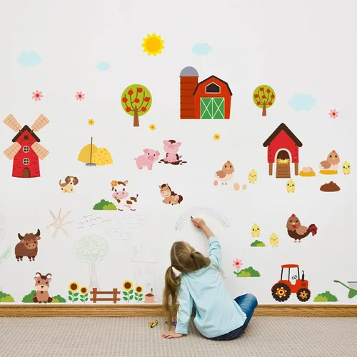 Vista 3 de PLIGREAT 2 hojas de calcomanías de pared de animales de granja, dibujos animados, vaca, cerdo, granja, casa, decoración para dormitorio, sala