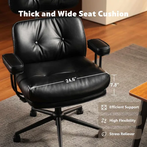 Vista 7 de Silla de oficina ergonómica para grandes y altos, silla ejecutiva moderna de mediados de siglo con soporte lumbar, respaldo alto, cojín grueso, piel