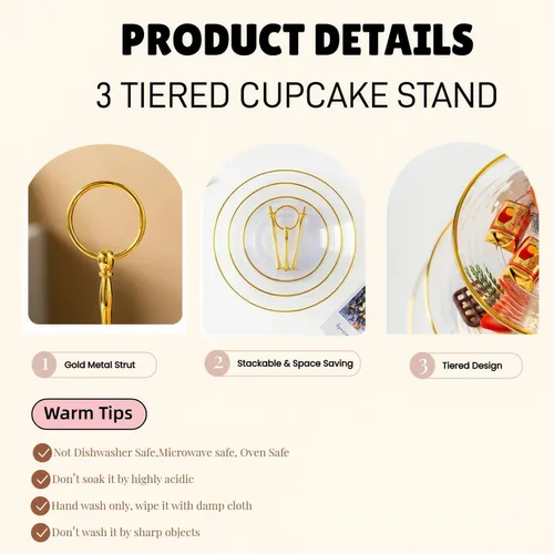 Vista 4 de RAUVOLFIA Soporte para cupcakes de 3 niveles, soporte pequeño para tartas, soporte de postre de plástico transparente, bandeja para servir pasteles