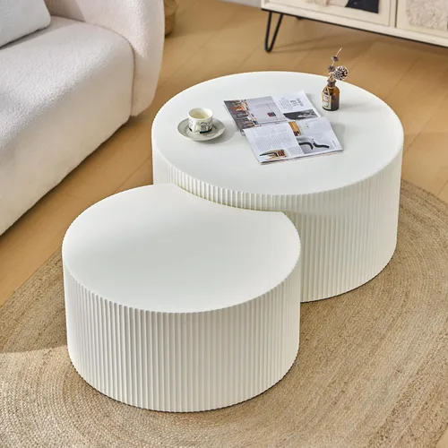 Vista 8 de Juego de 2 mesas auxiliares anidadas, moderna mesa de centro redonda con rayas laterales para sala de estar, dormitorio, color beige
