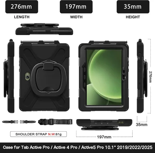 Vista 3 de 360 Rotation Case for Galaxy Tab ActivePro/Tab Active4 Pro/Active 5 Pro 10.1" Sturdy Cover Rotate Ring Stand Shoulder Carrying Strap Hand Strap