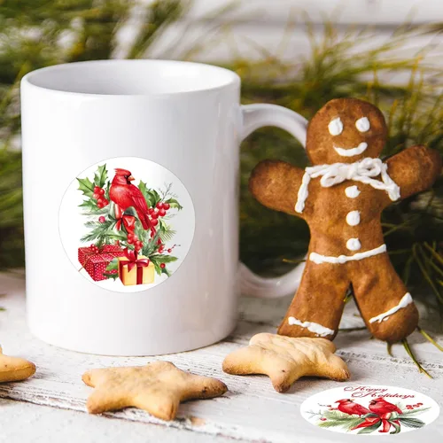 Vista 4 de Whaline 1000 calcomanías de Feliz Navidad, 8 diseños, calcomanías de pájaro rojo cardenal, calcomanías decorativas de Navidad, calcomanías