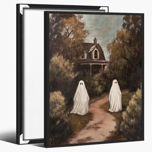 Vista 17 de Bonito arte de lectura de fantasmas, póster de pared de bosque de Halloween con hongos y plantas, impresión de lectura de fantasmas caprichosa