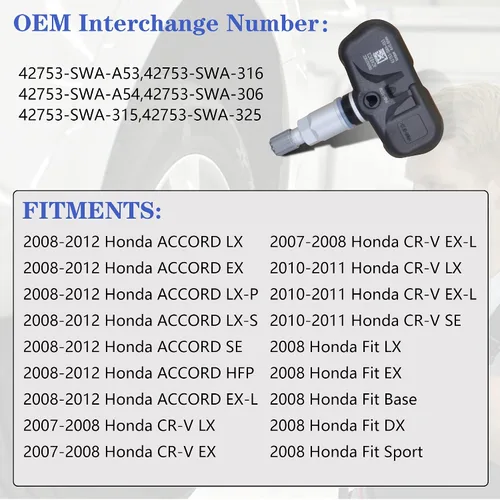 Vista 2 de 42753-SWA-A53 Sensor de presión de neumáticos de 315 Mhz compatible con Honda Accord CR-V Fit S2000 Reemplazar OE 42753-SWA-A54 42753-SWA-316 Juego