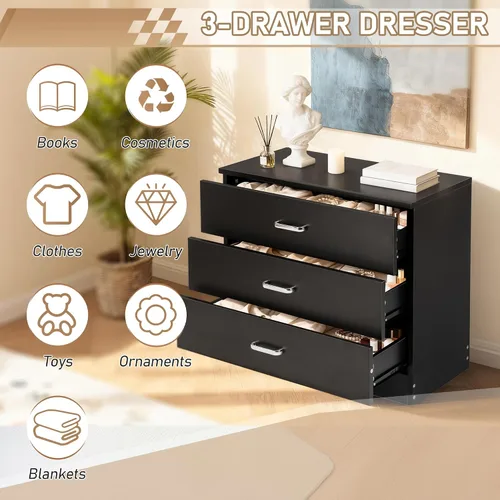 Vista 6 de Vasitelan Cómoda de madera con 3 cajones, cómoda de almacenamiento moderna, mesita de noche de madera para dormitorio, sala de estar (negro)