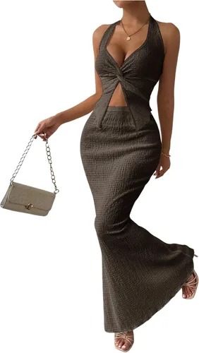 Vista 35 de SOLY HUX - Conjunto de dos piezas de verano para mujer, con parte superior tipo camisola con cuello halter, nudo frontal y falda marrón (Plain Brown)