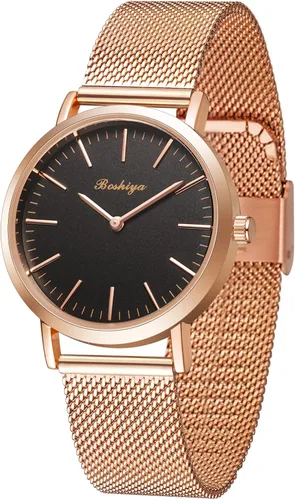 Vista 11 de BOSHIYA Relojes para mujer Easy Reader de 1.181 in de acero inoxidable con banda de expansión plateada dorada para mujer, reloj de pulsera pequeño