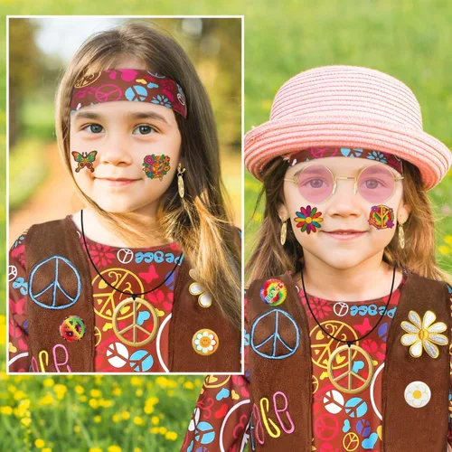 Vista 5 de Erweicet 19PCS 60s 70s Outfits Hippie Costume Set Hippie Dress for Girls Hippie Dress with Vest Sign Headband Pins Tattoos