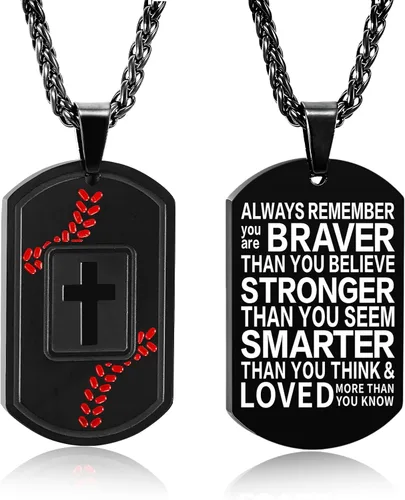 Vista 19 de Collar de cruz con versículo bíblico de béisbol, acero inoxidable, dije de cruz en tono negro/dorado/plateado, regalos religiosos, joyería deportiva