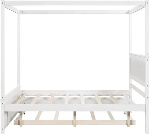 Vista 8 de Harper & Bright Designs Cama con dosel de tamaño matrimonial con cama nido, plataforma de madera con dosel con listones de soporte, cama de piso