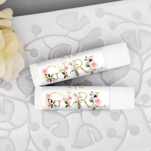 Vista 2 de It's A Girl Baby Shower Favors - Bálsamo labial personalizado, recuerdos de revelación de género, juego de 24