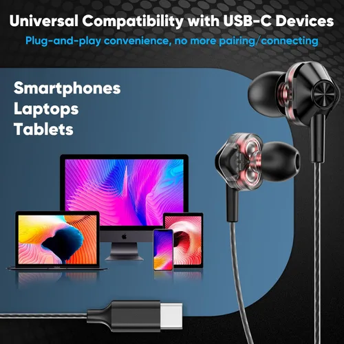 Vista 6 de Auriculares con cable USB-C, auriculares in-ear de doble controlador con micrófono, ajuste de cancelación de ruido, graves profundos, cable sin