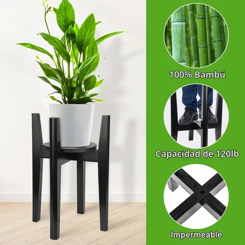 Vista 4 de Soporte ajustable para plantas con bandeja, soporte de madera para plantas de interior para macetas de 8 a 12 pulgadas, moderno soporte para macetas