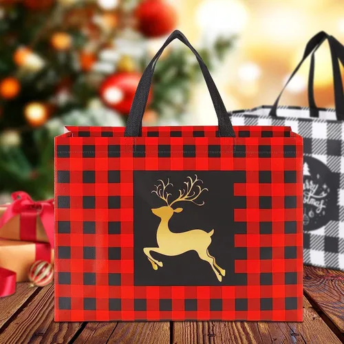 Vista 7 de YANGTE Paquete de 16 bolsas de regalo de Navidad extra grandes, bolsas reutilizables con asa, bolsas de compras de comestibles de Navidad no tejidas