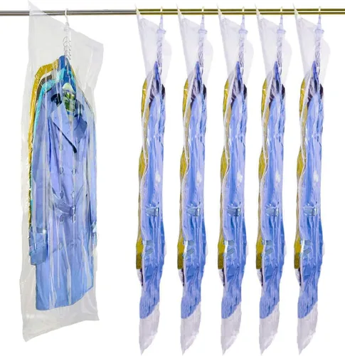 Vista 2 de Bolsas colgantes para ahorrar espacio al vacío, paquete de 6, bolsas de almacenamiento organizadoras de armario, bolsas transparentes selladas al