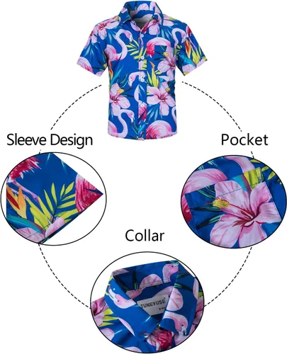 Vista 3 de TUNEVUSE Little & Big Boys - Conjunto de camisas hawaianas con botones y pantalones cortos con sombrero de pescador, trajes de verano estampados