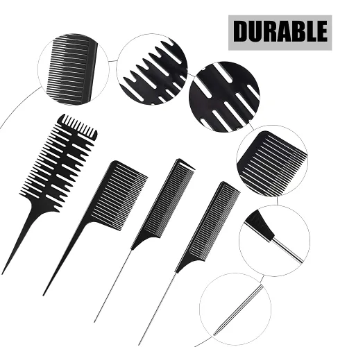 Vista 3 de Fox Baby Peine para peinar el cabello, 4 peines de metal negro, resaltado, estilo profesional, para estilista en casa, peluquero, tejido, teñido